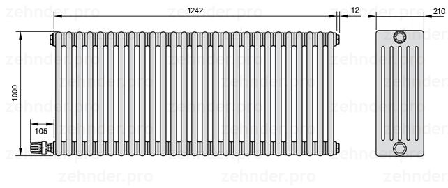 Схема (чертеж) Радиатор Zehnder Charleston 6100/27 №V004 Белый глянцевый RAL 9016